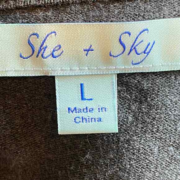 She & Sky Blouse Womens Large Gray Long Sleeve Patch Elbow Split Lace Up Back - Picture 2 of 9